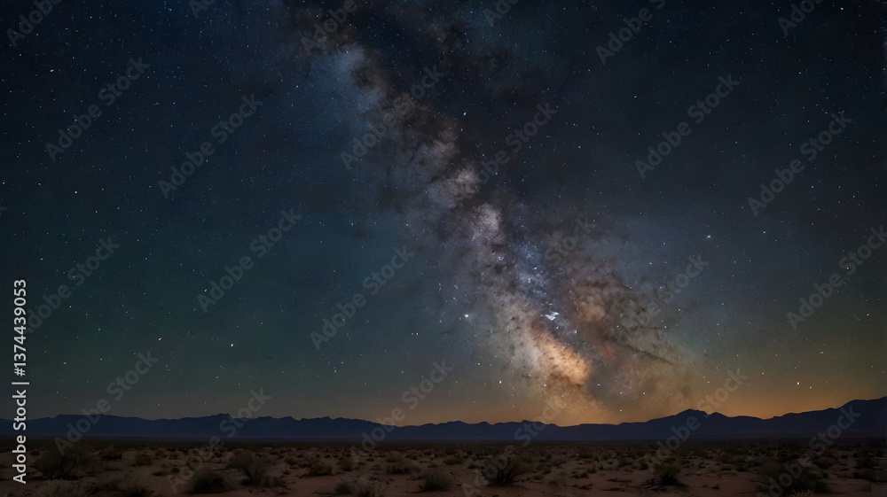 Fototapeta premium A starry night over a vast desert landscape, with the Milky Way shining bright above