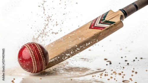 Cricket ball hitting wooden bat with explosive motion and scattered dust against clean white background in dramatic sports action scene