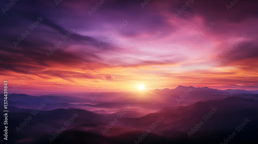 The sun setting over a vast mountain range, painting the sky with pinks, purples, and soft golds. The sun setting over a vast mountain range, painting the sky with pinks, purples, and soft golds.