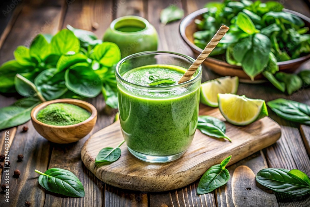 A refreshing organic green smoothie made with fresh spinach, packed with nutrients for a healthy boost A refreshing organic green smoothie made with fresh spinach, packed with nutrients for a healthy boost