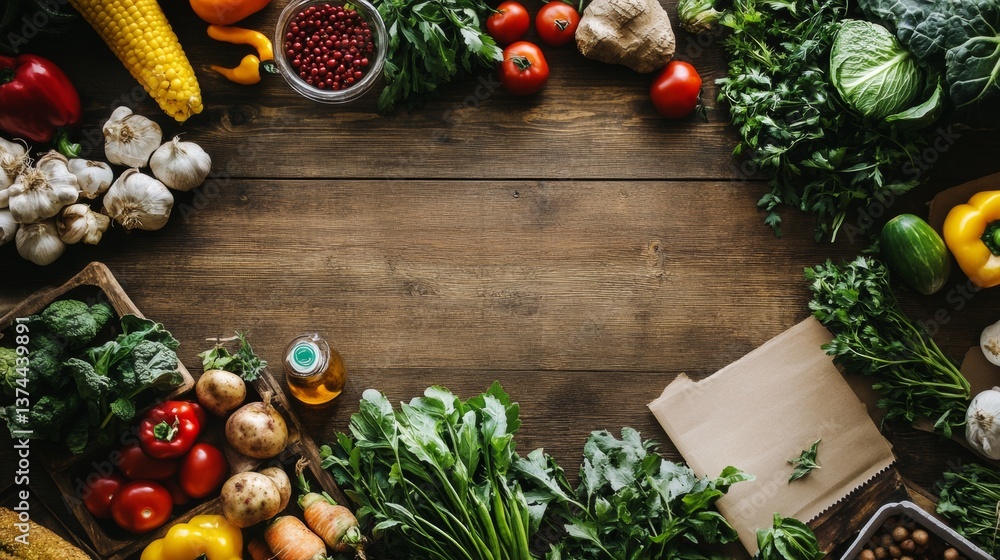 Fresh vegetables and herbs on rustic wooden table Fresh vegetables and herbs on rustic wooden table