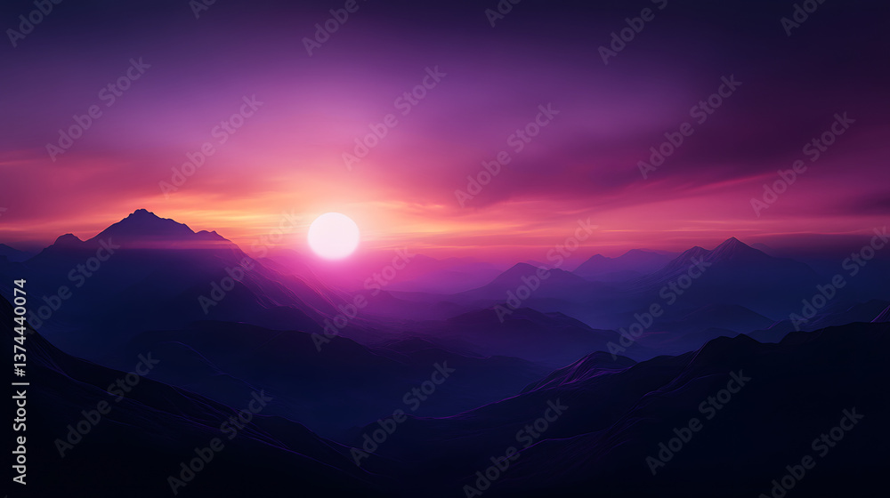 Obraz premium The sun setting over distant mountain peaks, casting vibrant purple and pink hues across the sky.