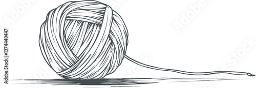 Ball of yarn with loose string in line drawing on white background. Simple sketch art. Vector illustration