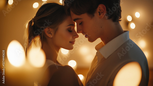 Young couple slow dancing in a softly lit room, surrounded by candles, as the woman rests her head on the man’s chest, creating a romantic and intimate atmosphere Generative AI