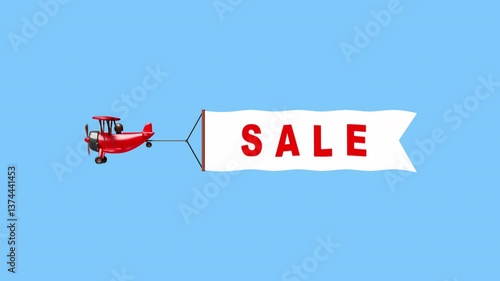 Red biplane dragging sky banner with word sale loopable 3d animation