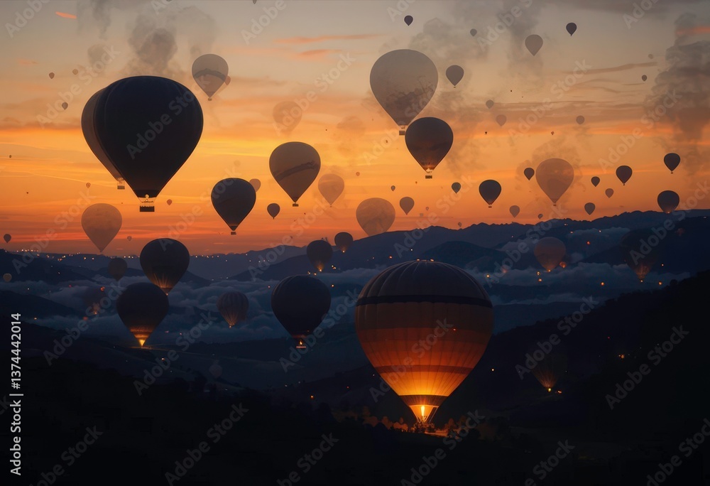 Obraz premium Dark Skies Balloon Silhouettes in the Evening