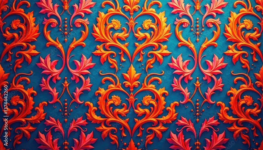 Symmetrical damask pattern, repeating leaves and scrolls , style, wallpaper, damask Symmetrical damask pattern, repeating leaves and scrolls , style, wallpaper, damask