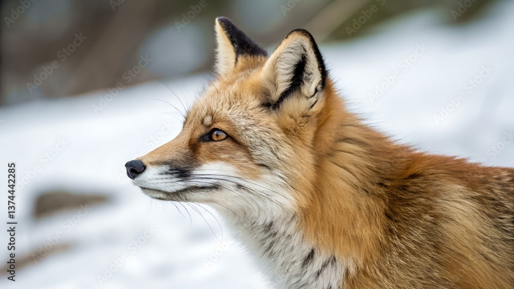 Fototapeta premium Side view of a red fox standing alert in a snowy forest environment.