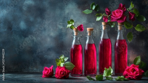 Red juice bottles with roses on textured blue background