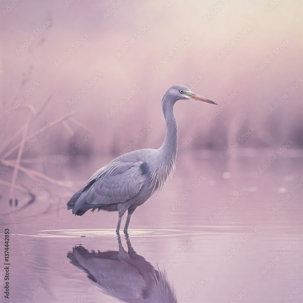 Naklejka premium Soft Lavender Crane in Dreamy Pastel Lagoon