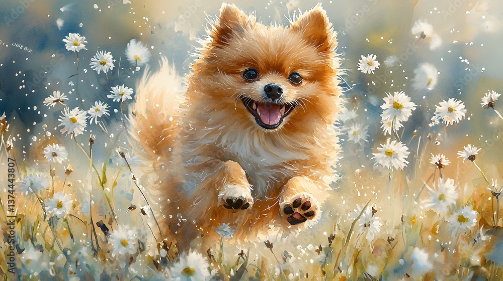 Obraz premium Happy Pomeranian dog leaping through daisy field