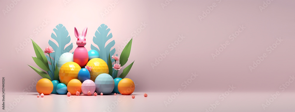 A festive Easter banner for 2025, featuring a soft pink background, cute bunny illustrations, and colorful Easter eggs. Designed with ample copy space, perfect for seasonal promotions and greetings