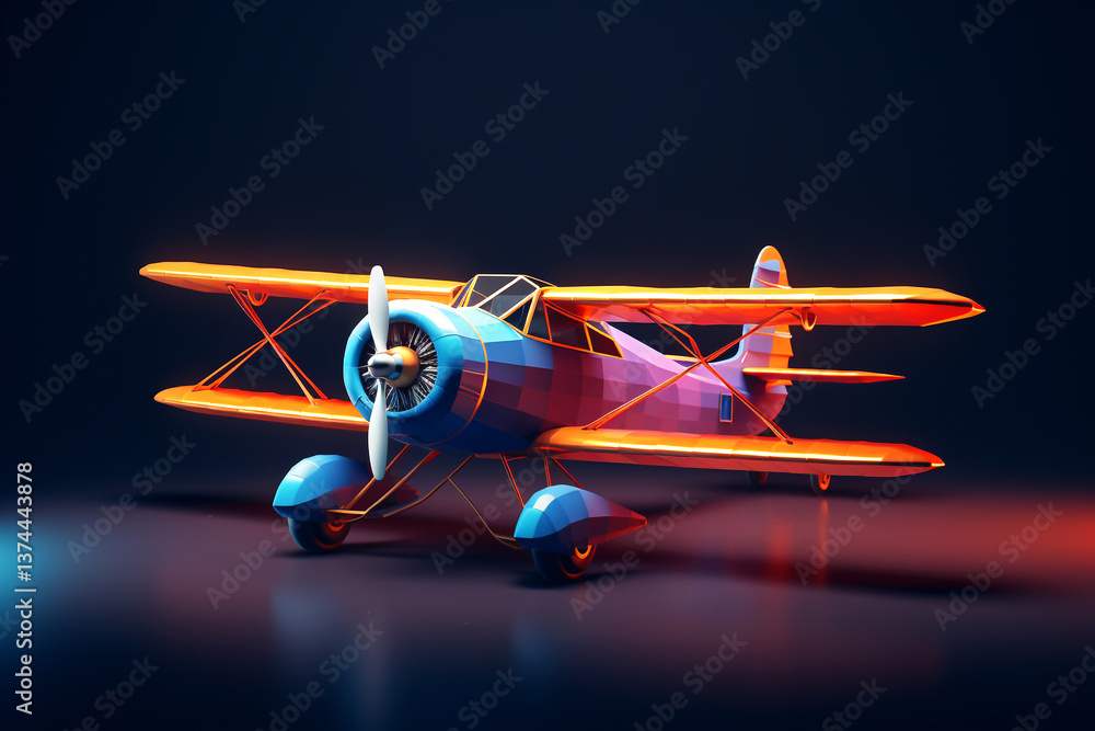 A whimsical orange cartoon airplane, designed in a modern and playful style, flying against a dark background