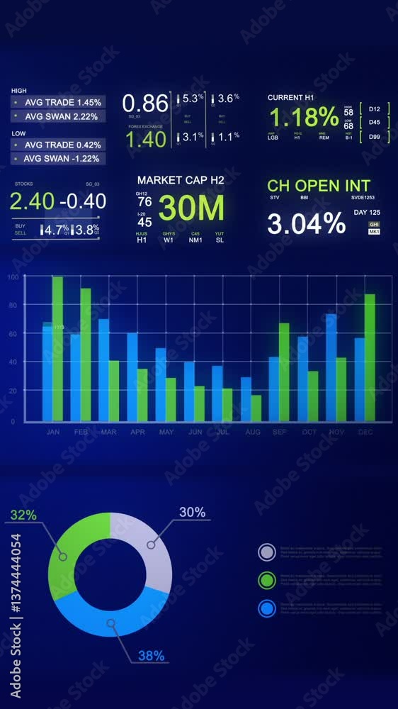 Financial template with generic data and charts. Animation showing pie, bar and line graphs. Stock exchange information. Financial template with generic data and charts. Animation showing pie, bar and line graphs. Stock exchange information.