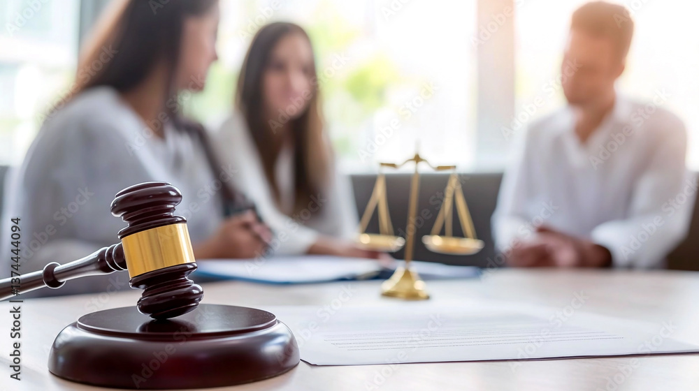 justice, legal proceedings, and courtroom representation. A lawyer in a professional suit sits at a desk with legal documents and a gavel, mediating a divorce case between a serious couple