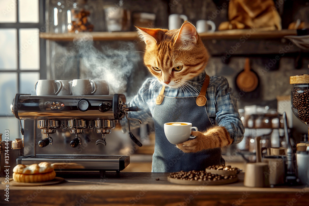 A funny cat dressed as a barista stands behind a coffee shop counter, next to an espresso machine, creating a whimsical and creative scene