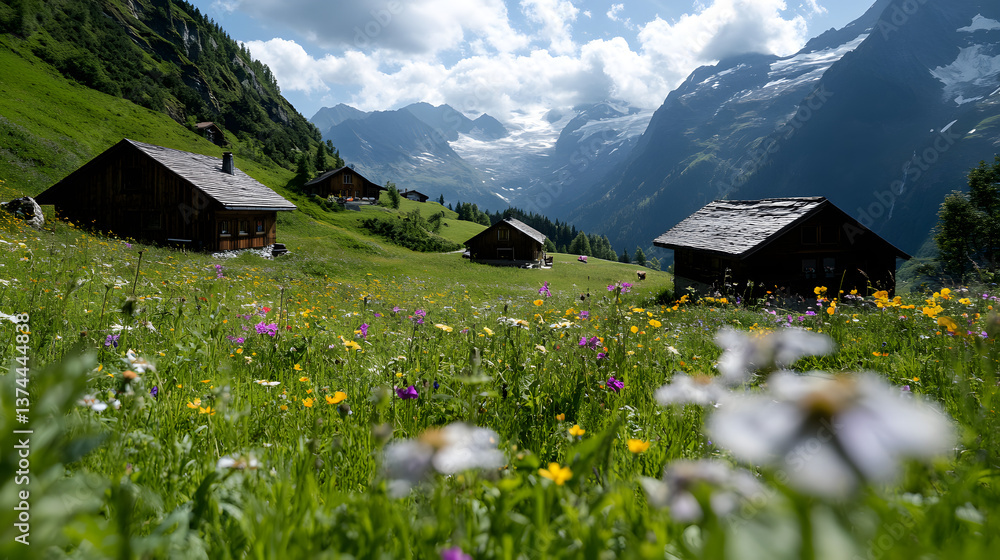 Fototapeta premium Wooden chalets scattered across an alpine meadow, surrounded by a variety of vibrant wildflowers, and offering stunning views of the surrounding mountains.