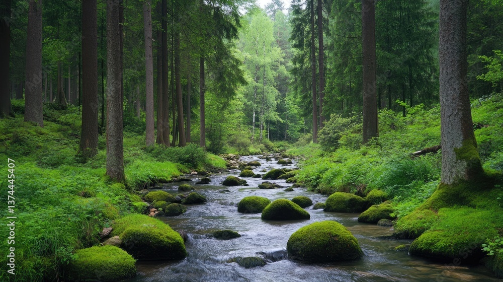 Fototapeta premium Tranquil Stream Flowing Through Lush Green Forest Landscape