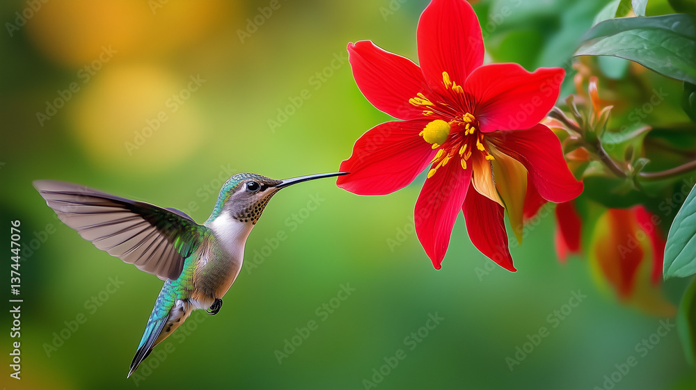 Fototapeta premium Beautiful hummingbird hovering near a red flower, macro photography, photorealistic landscapes, colorful Möbius strips, vibrant and dreamlike. Ai generated