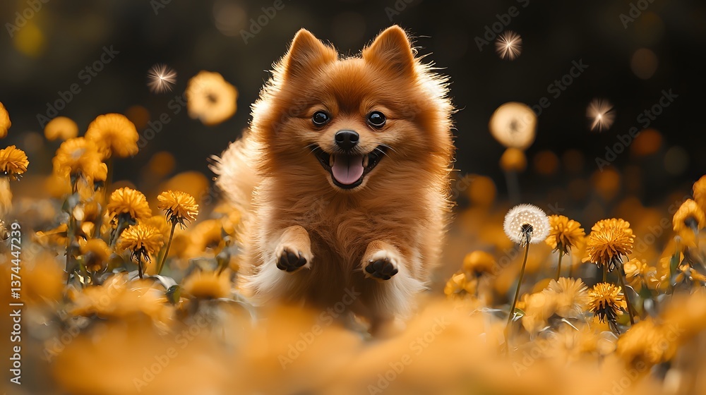 Obraz premium Happy Pomeranian dog leaps through dandelion field