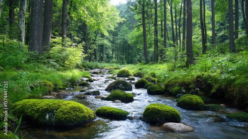 Serene Forest Stream with Lush Greenery and Smooth Pebbles