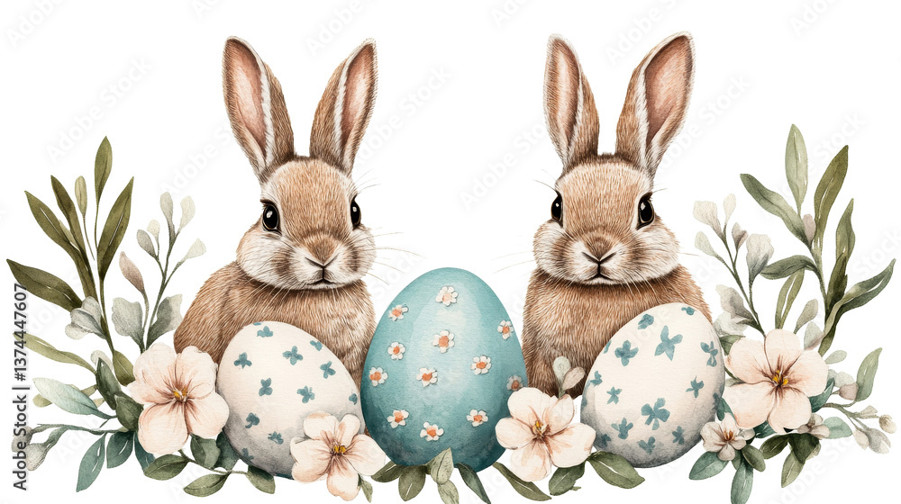 Obraz premium Watercolor bunnies with decorated Easter eggs and flowers, cut out transparent
