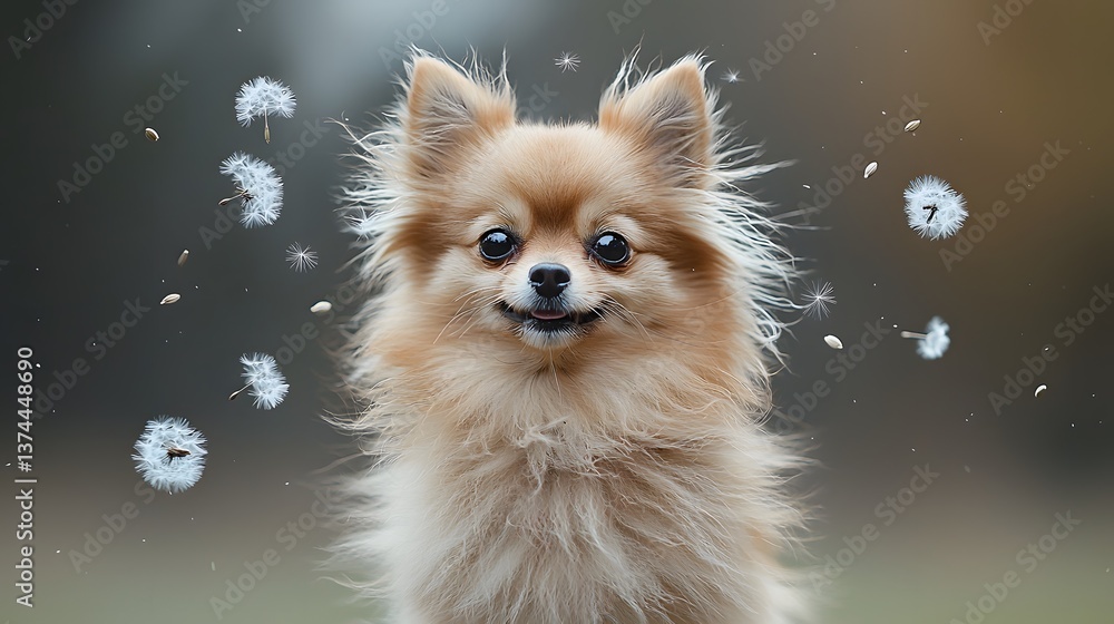Obraz premium Happy Pomeranian dog outdoors, dandelion seeds