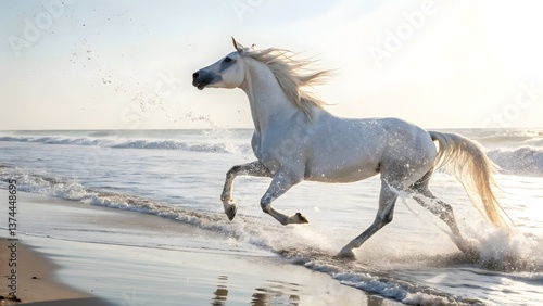 Majestic White Horse Galloping Along the Shore During Golden Hour at the Beach