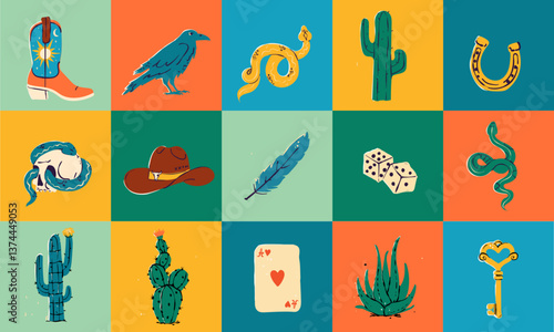 Wild West and Cowboy concept. Vector set of the various objects and design elements, boots, cactus, snake, hat, camper in hand drawn colored style
