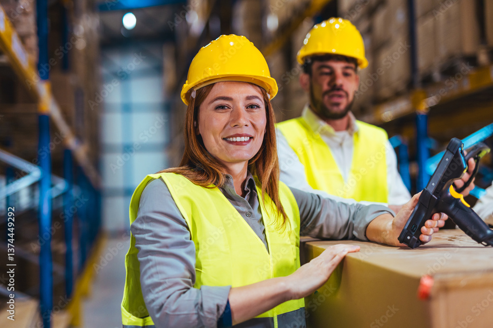 Warehouse Workers Operating Barcode Scanners and Managing Logistics in Large Storage Facility Warehouse Workers Operating Barcode Scanners and Managing Logistics in Large Storage Facility