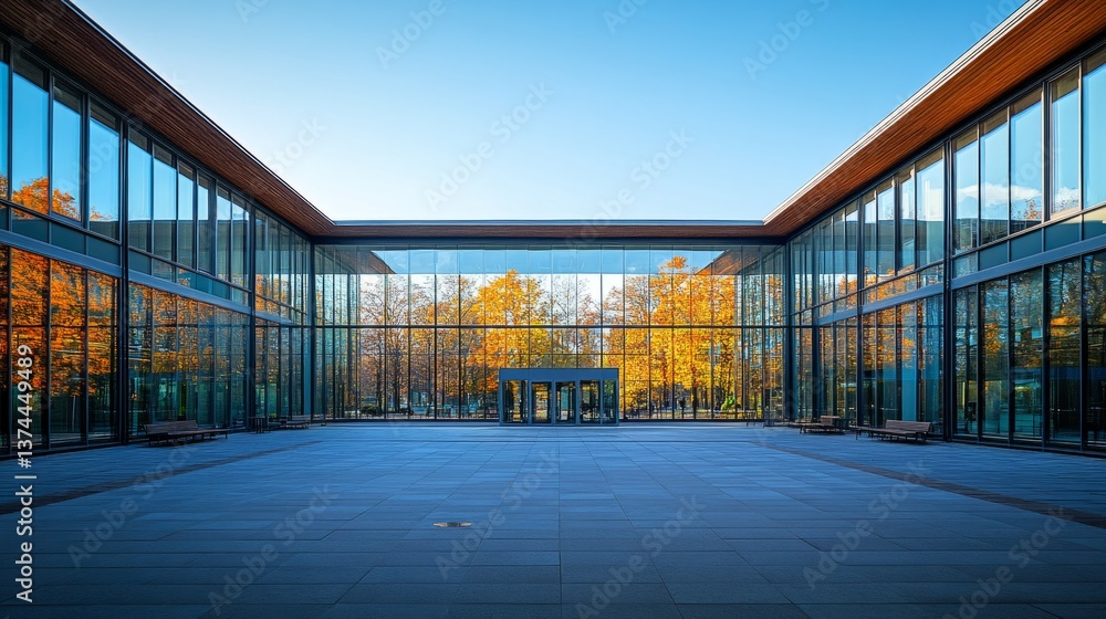 An empty courtyard in front of a modern university building, with a glass fasade reflecting the cloudless sky and surrounding trees An empty courtyard in front of a modern university building, with a glass fasade reflecting the cloudless sky and surrounding trees