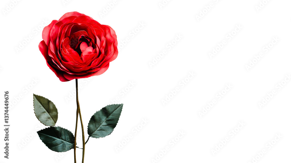 Red rose bloom with stem and leaves, artificial flower, cut out transparent Red rose bloom with stem and leaves, artificial flower, cut out transparent