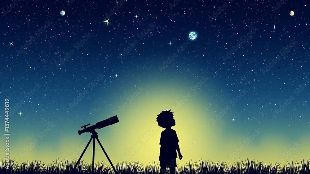 Silhouette of a Boy Stargazing Through a Telescope at Night Silhouette of a Boy Stargazing Through a Telescope at Night