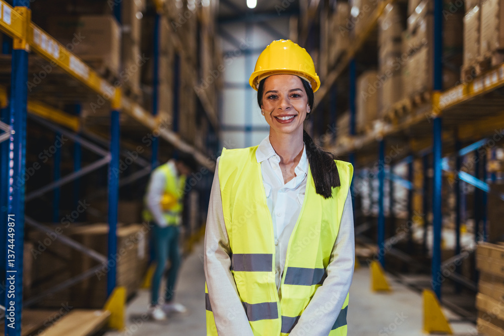 Smiling Woman Wearing Safety Gear in a Warehouse Environment for Logistics