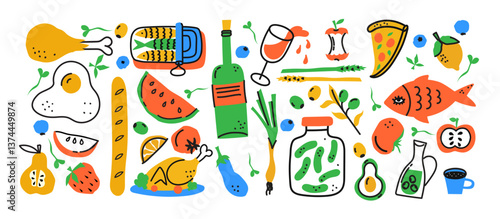 Italian food set, ingredients. Cartoon doodle stickers of traditional products: olive oil, tomatoes, wine, vegetables, eggs, fish. Vector retro groovy food set