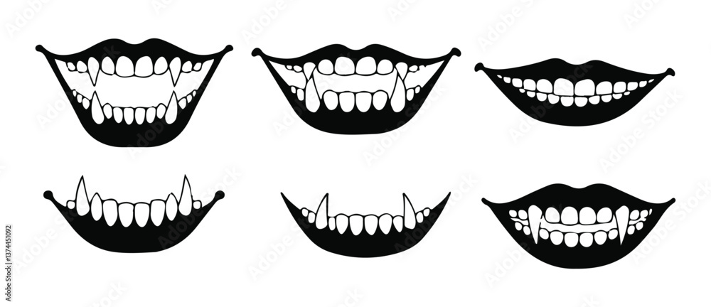Set of scary smile masks. Collection of different types of smiling faces with teeth. Line art. Creepy mouth masks. Halloween masks. Vector illustration for children. Tattoos. vector eps file Set of scary smile masks. Collection of different types of smiling faces with teeth. Line art. Creepy mouth masks. Halloween masks. Vector illustration for children. Tattoos. vector eps file