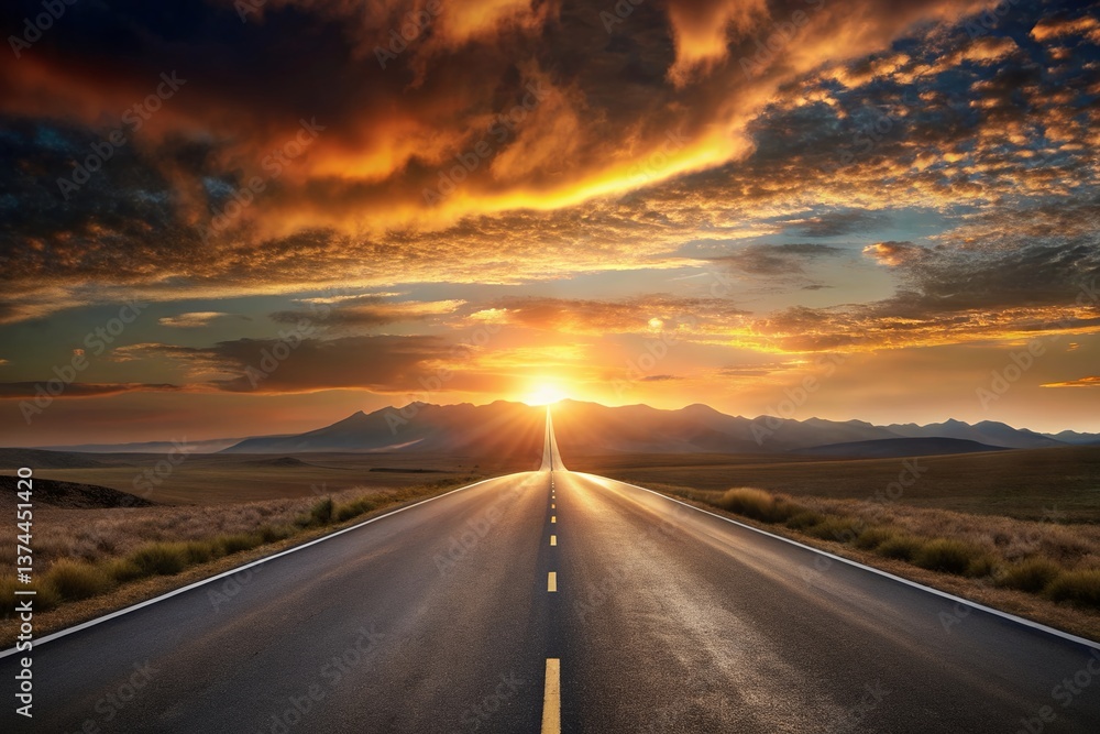 The open road awaits, a journey into the fiery sunset, promising adventure and hope under a breathtaking sky with vibrant colors and dramatic clouds. The open road awaits, a journey into the fiery sunset, promising adventure and hope under a breathtaking sky with vibrant colors and dramatic clouds.