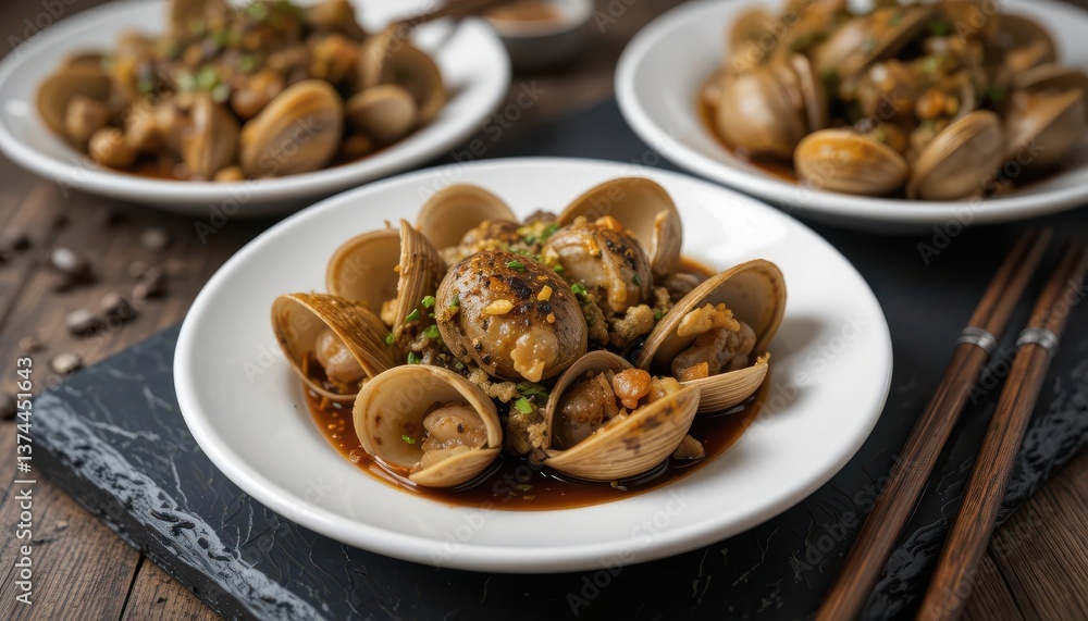 Close Up View of Clams in Black Bean Garlic Sauce Presented on White Plates with a Black Slate Board Close Up View of Clams in Black Bean Garlic Sauce Presented on White Plates with a Black Slate Board