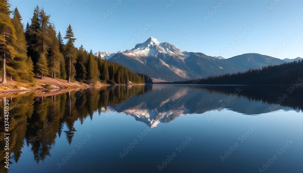 Fototapeta premium Reflecting Mountain Lake with Forest Scenery Under a Clear Sky
