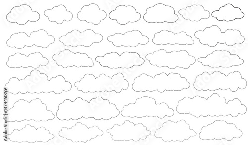 30 imaginary images of stratus clouds, cumulus, clouds in a row, anime clouds, cartoons in the form of perfect lines, white background, vectors