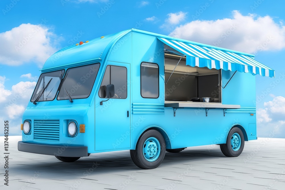 Naklejka premium A food truck in pastel blue and turquoise, shown in side view, isolated on white