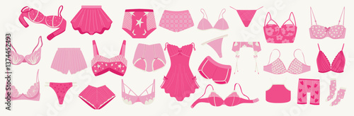 A collection of fashionable women's Lingerie. A set of women's lace underwear, panties, bras, corsets, bodysuits, garter belts, stockings.