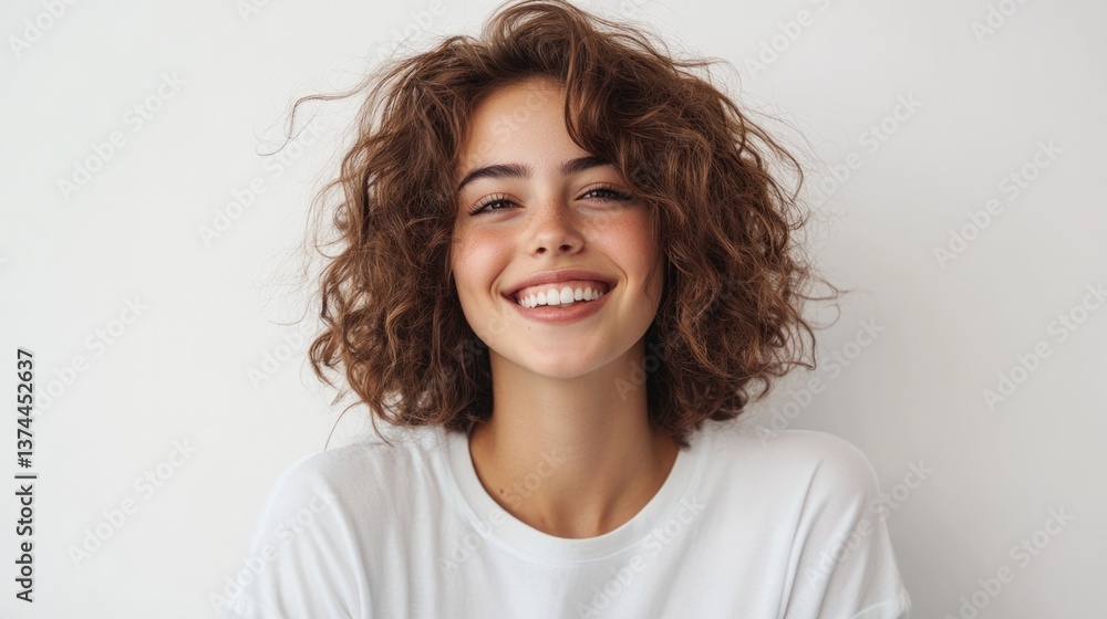 Young adult smiling positive woman model, joyful pretty cheerful cute curly girl student laughing having fun feeling happy healthy standing isolated at white background, authentic candid studio shot