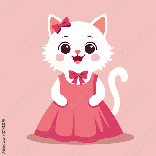 Cute white cat wearing a pink dress smiling on a pastel background  