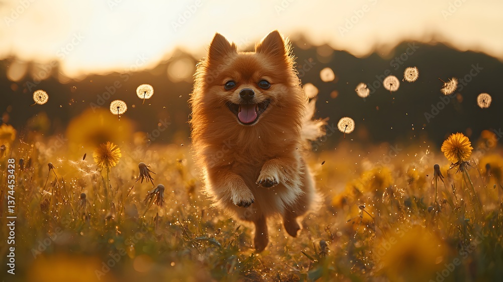 Obraz premium Happy Pomeranian leaps in sunset dandelion field