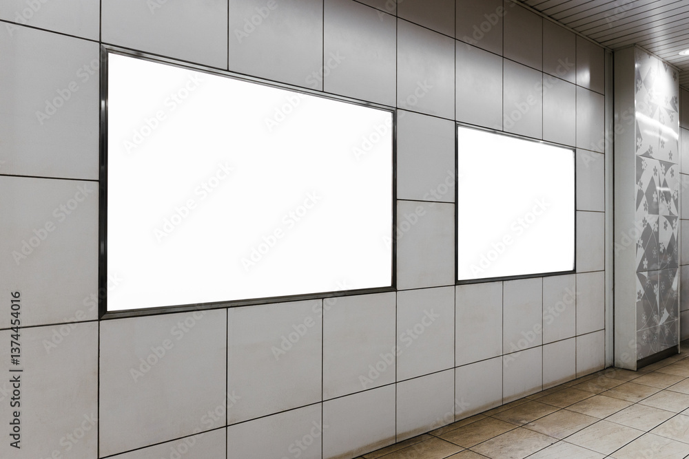 Two blank billboard advertising poster on a subway station platform wall. Space for text for advertising signage ideas for mockup