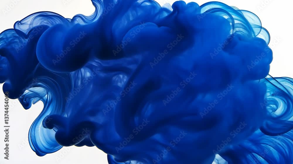 Abstract swirling blue ink in water on white background, fluid art concept