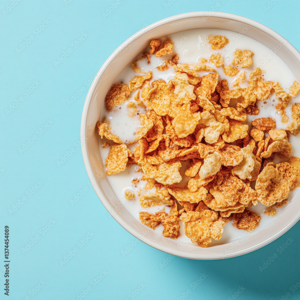 Corn Flakes with Milk in a Bowl on Blue Background Corn Flakes with Milk in a Bowl on Blue Background