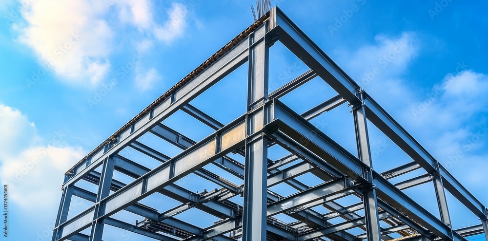 The skeletal framework of a modern industrial building is made up of tough iron beams and robust pillars, highlighting the strength and durability of structural steel architecture The skeletal framework of a modern industrial building is made up of tough iron beams and robust pillars, highlighting the strength and durability of structural steel architecture