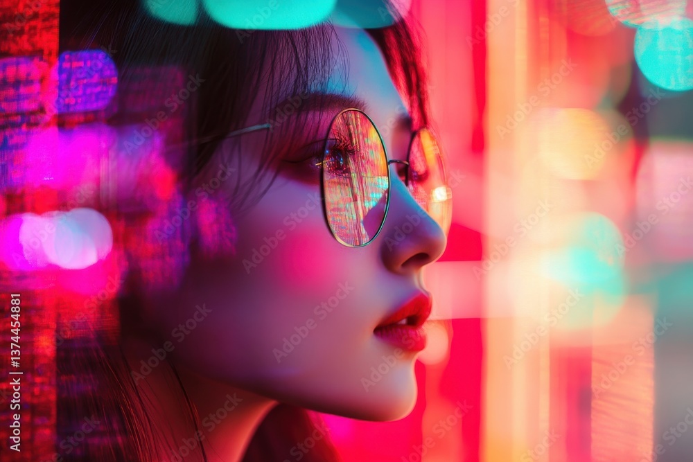 Portrait of a woman with glasses in neon lights reflecting on the lenses looking to the side Portrait of a woman with glasses in neon lights reflecting on the lenses looking to the side